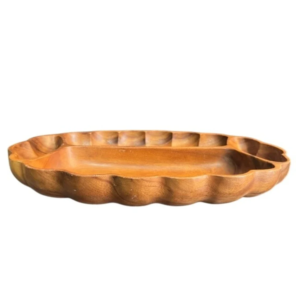 Vintage Monkey Pod Wood Serving Tray Scalloped 4 Compartment Platter Brown 18in